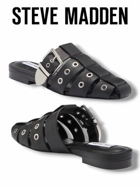 Steve Madden Women’s Black Leather Buckle & Grommet Slide Mules in the Size 9